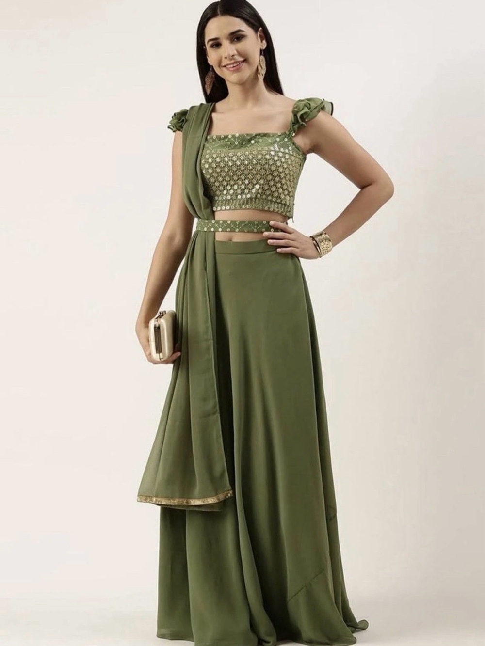 Olive Green Embroidered Women's Skirt blouse and matching Dupetta large size
